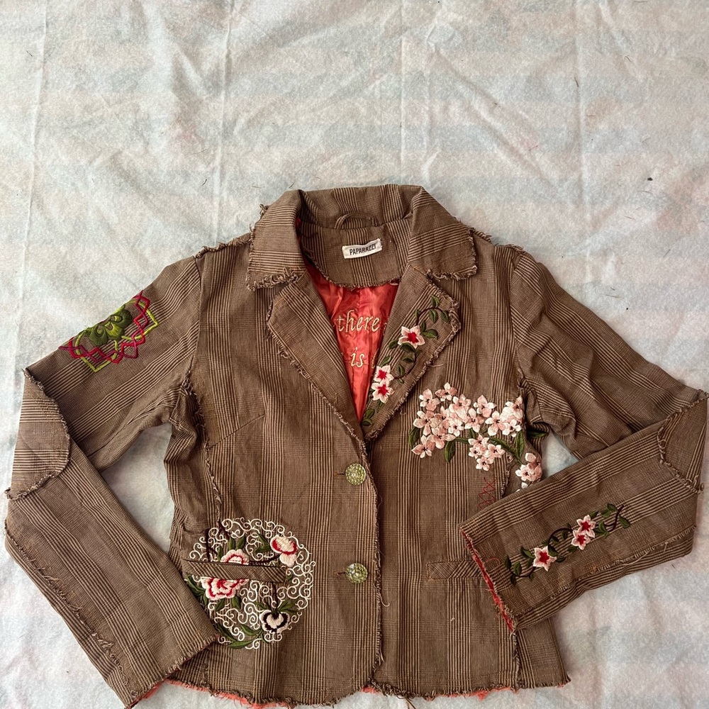 Paparazzi Brown and tan Corduroy Embroidered Floral Blazer - Picture 3 of 9